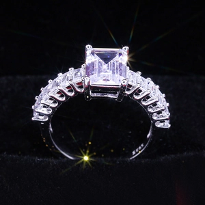 Elegant silver S925 ring featuring a large rectangular emerald cut sparkling zircon stone