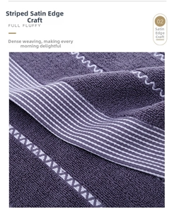 Macro shot of dark purple thick cotton towel showing soft loop texture and striped craft
