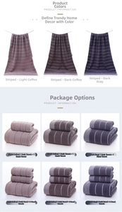 Detail of striped cotton bath towel sets in coffee and gray stacked neatly