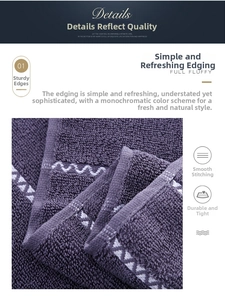 Detail of deep purple cotton towel showing reinforced stitching and wavy pattern edges