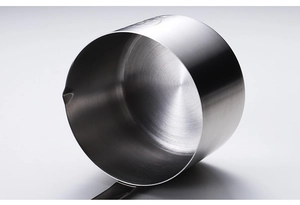 Detail of 304 stainless steel funnel with brushed metal texture and precision spout