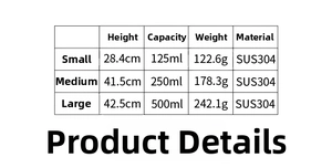Size chart for 304 stainless steel funnels showing capacity, height and weight details