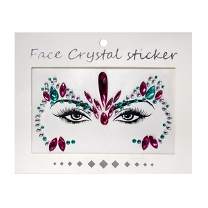 Detailed face crystal sticker set with resin rhinestones in magenta and peacock green colors