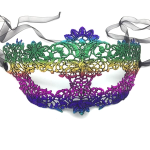 Detailed view of rainbow gradient lace masquerade mask with intricate cutout patterns