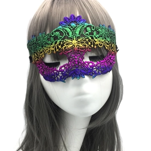 Rainbow gradient lace masquerade mask for parties shown on a white mannequin head