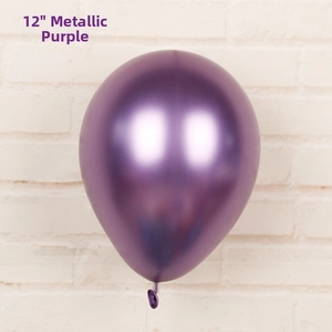 Close-up of 12-inch metallic purple balloon with a glossy mirror finish on brick wall background
