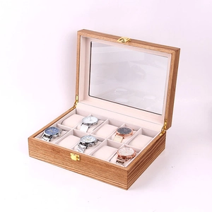 Boîte à montres vintage en bois à 10 emplacements avec fenêtre et fermoir en métal
