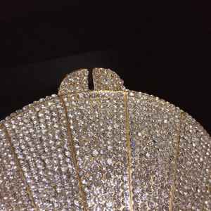 Detailed close-up of the crystal-encrusted clasp and metallic frame on this shell clutch