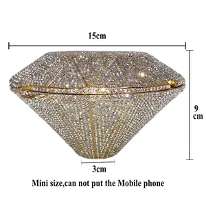 Diamond-shaped evening clutch bag with full crystal rhinestones and gold metal frame