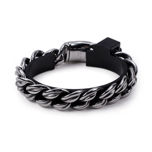 Men's heavy Cuban chain bracelet in 316L stainless steel with black buckle closure