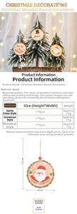 Detailed size chart for round wooden Christmas ornaments featuring Santa and Reindeer designs