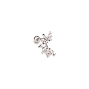 Detailed view of silver curved screw-back stud earring with marquise-cut zircons