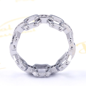 Detailed macro view of silver chain-link ring featuring inlaid stones and screw head design