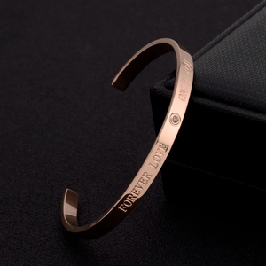 Forever Love Only You Engraved Cuff Bracelet Titanium Steel Rose Gold Rhinestone Open Adjustable Fashion Jewelry Women