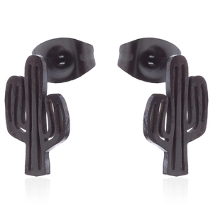 Minimalist black cactus stud earrings with polished metallic finish on white background