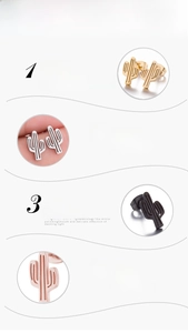 Macro detail of cactus stud earrings in gold, silver, black and rose gold plating