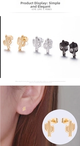 Detailed view of hollow cactus stud earrings in gold, silver, and black metal finishes