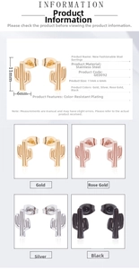 Detail chart of cactus earrings in gold, silver, rose gold and black stainless steel