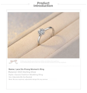 Macro shot of scalloped six-prong S925 sterling silver adjustable wedding ring