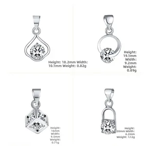 Detail view of four silver pendants with sizes, weights, and sparkling zircon stones