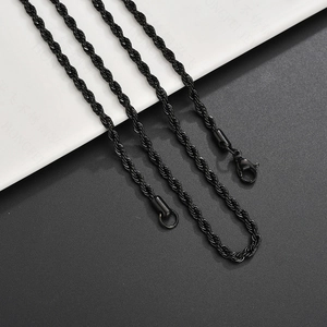 Detail of black vacuum-plated stainless steel rope chain with secure lobster clasp closure