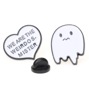 Black and white skull ghost enamel pin set with Weirdos Mister heart brooch
