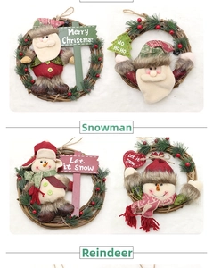 Detail of Christmas wreath ornaments featuring Santa, Snowman and Reindeer on rattan rings