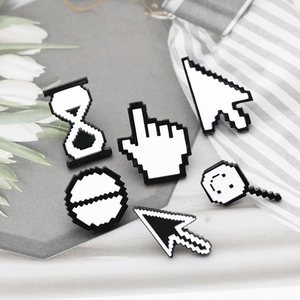 Set of 6 retro 8-bit pixel computer cursor enamel pins in black and white minimalist style