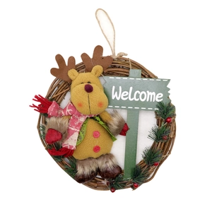 Handmade Christmas rattan wreath with plush reindeer and Welcome sign for door decor