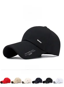 Multi-color selection of long brim cotton baseball caps with sports lettering details