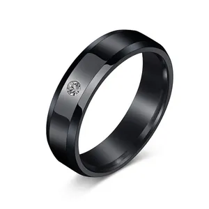Polished 8mm black stainless steel ring with single round zircon and beveled edges