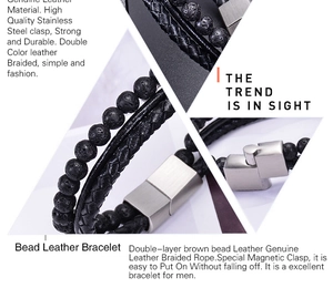 Detail view of double-layer men's leather bracelet with lava beads and magnetic steel clasp