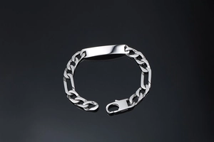 Polished titanium steel Figaro chain bracelet for men with rectangular ID plate on black background