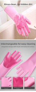 Close-up of pink silicone pet grooming gloves with dense bristles and anti-slip textures
