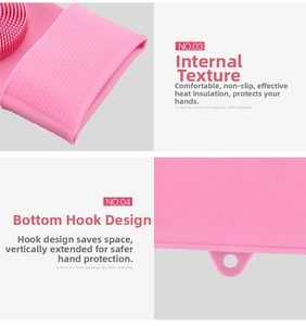 Detail of pink silicone grooming glove featuring anti-slip texture and storage hook