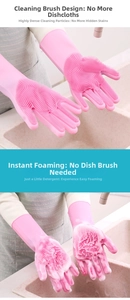 Close-up of pink silicone pet grooming glove with dense bristles and rich cleaning foam