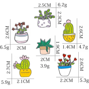 Set of 6 cute enamel pins featuring colorful potted cactus and succulent plant designs