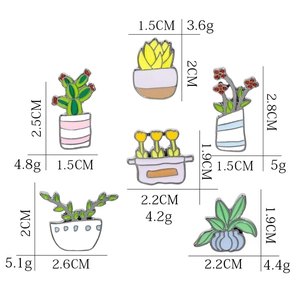 Detailed size and weight chart for six colorful cartoon cactus enamel plant pins