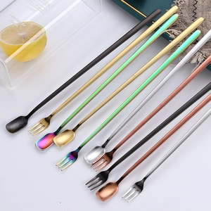 Long handle 304 stainless steel dessert spoon and fork set in multiple metallic colors