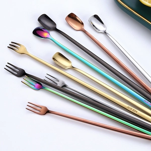 Set of 304 stainless steel long handle square mixing spoons and cocktail forks in 5 colors