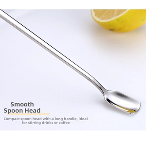 Detail of 304 stainless steel long handle spoon with a polished finish for coffee mixing
