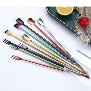 Close-up of colorful SUS 304 stainless steel long handle spoons and fruit forks set
