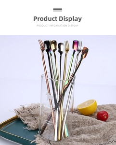 Polished stainless steel long handle mixing spoons and forks in various metallic finishes