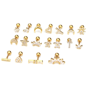 Gold stainless steel cartilage stud set with crown and moon cubic zirconia designs