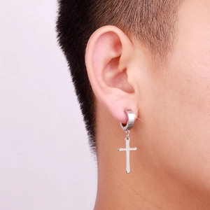 Silver stainless steel cross dangle ear clip earring worn on ear for non-pierced men