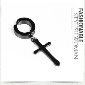 Detailed view of a black stainless steel hoop earring with a cross pendant and sleek finish