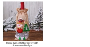 Detail of burlap wine bottle cover with 3D snowman and festive tree decorations