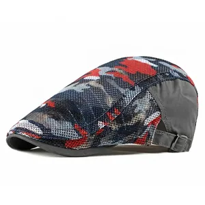 Breathable camouflage mesh flat cap with adjustable metal buckle for summer outdoor sun protection