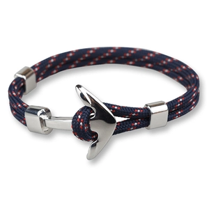 Navy blue and red braided anchor bracelet with silver metal buckle for men