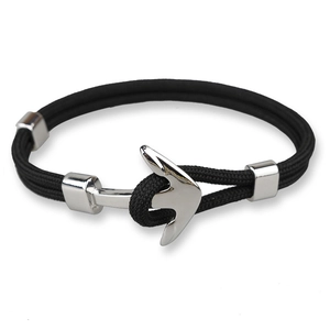 Men's trendy black braided polyester rope bracelet with silver anchor metal clasp on white